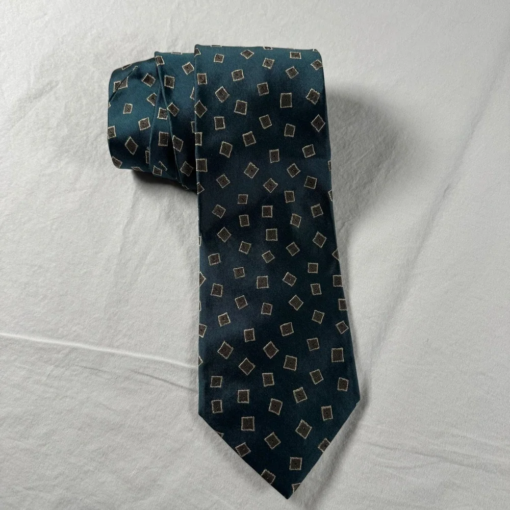 Walter Holmes Bigsby Brothers Men's Teal Geometric Square Pattern Silk Necktie